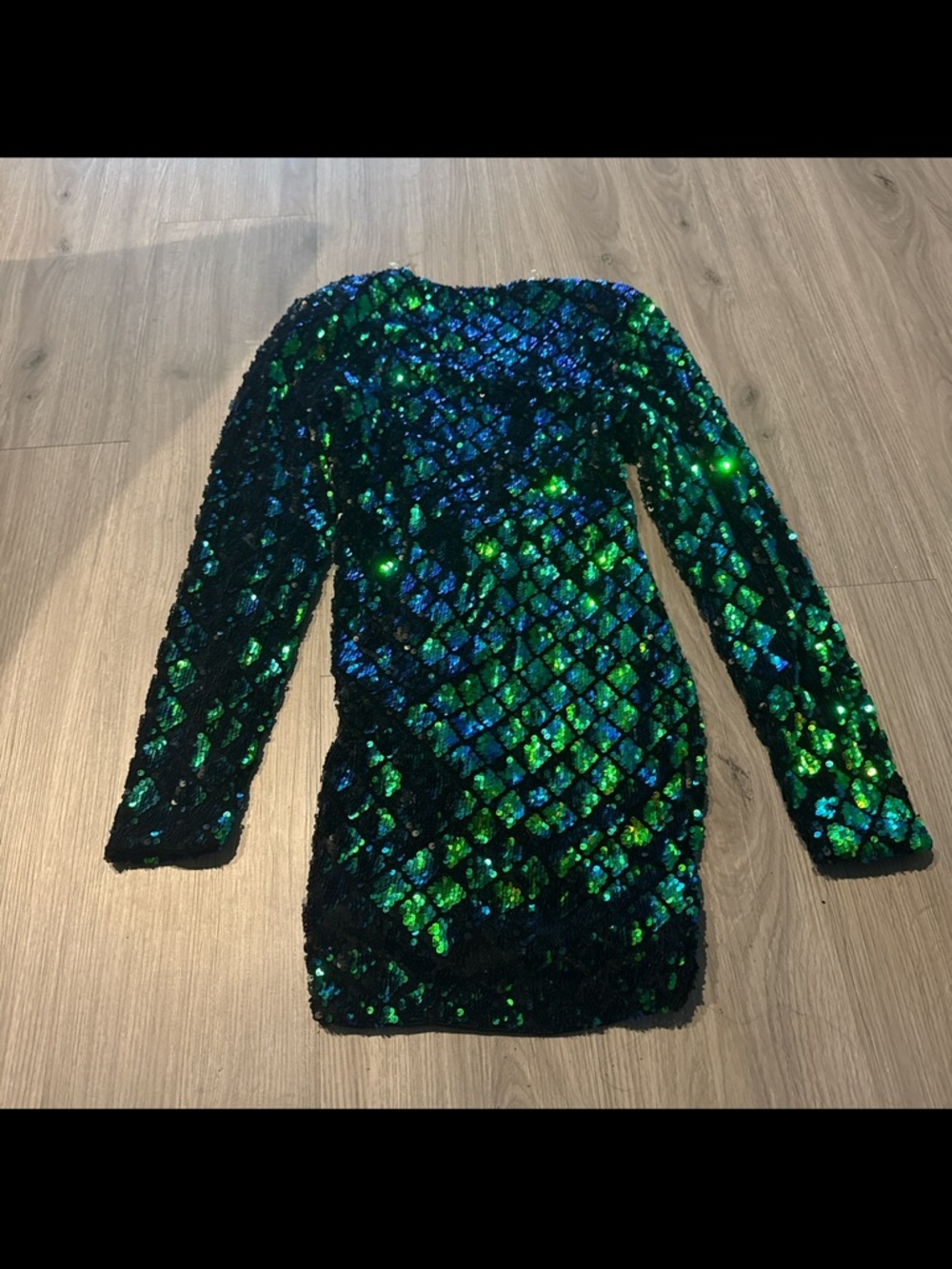 Iridescent Green & Blue Sequin Long Sleeve Dress